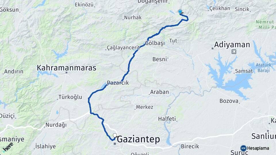 Malatya Doğanşehir Sürgü Gaziantep Arası Kaç Km - Yol Haritası