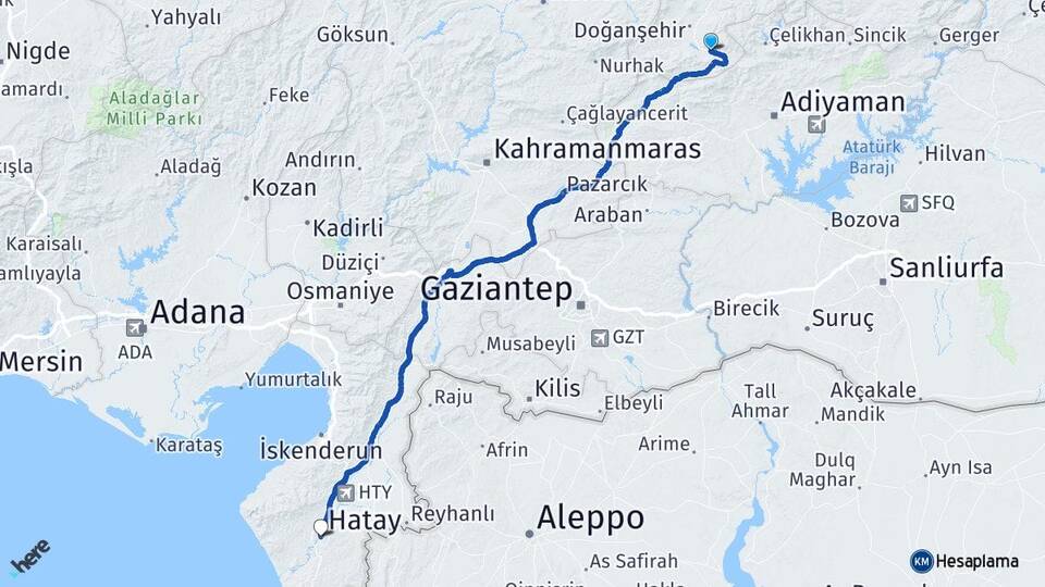 Malatya Doğanşehir Sürgü Hatay Arası Kaç Km - Yol Haritası