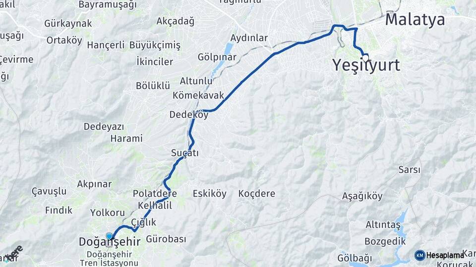 Malatya Doğanşehir Yeşilyurt Arası Kaç Km - Yol Haritası