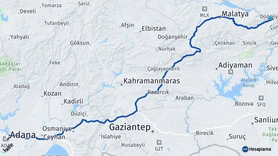 Malatya Doğanyol Adana Arası Kaç Km - Yol Haritası