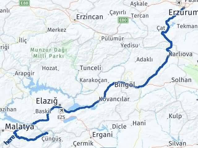 Malatya Doğanyol Erzurum Arası Kaç Km - Yol Haritası