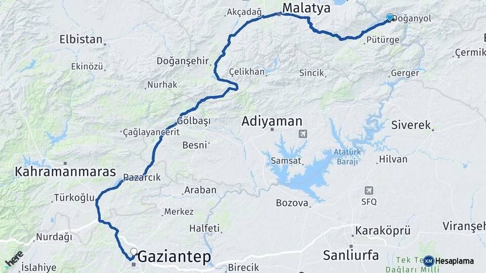 Malatya Doğanyol Gaziantep Arası Kaç Km - Yol Haritası