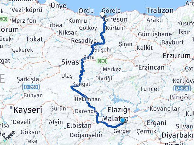 Doğanyol Giresun Arası Kaç Km - Yol Tarifi