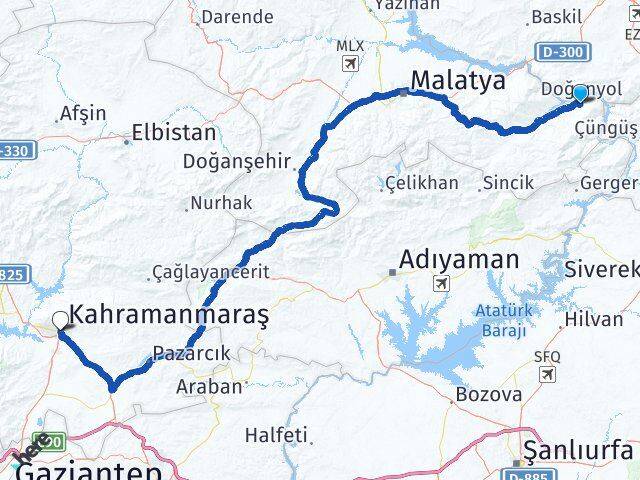 Malatya Doğanyol Kahramanmaraş Arası Kaç Km - Yol Haritası