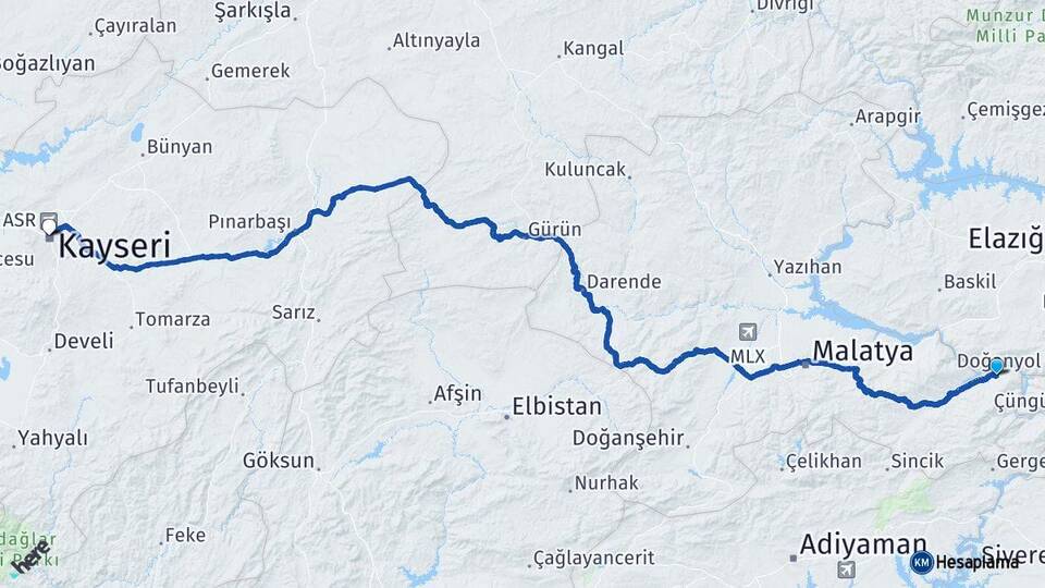 Malatya Doğanyol Kayseri Arası Kaç Km - Yol Haritası