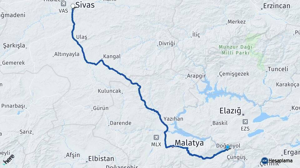 Malatya Doğanyol Sivas Arası Kaç Km - Yol Haritası