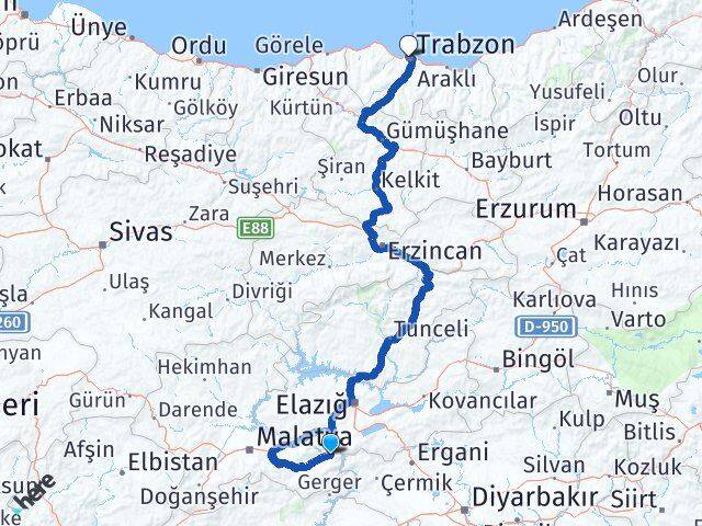 Malatya Doğanyol Trabzon Arası Kaç Km - Yol Haritası