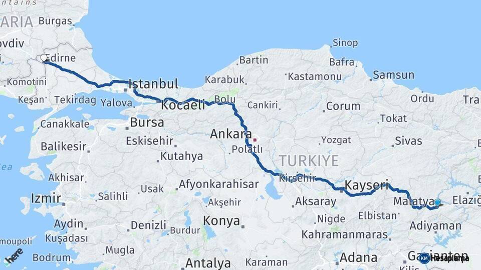 Malatya Edirne Arası Kaç Km - Yol Haritası