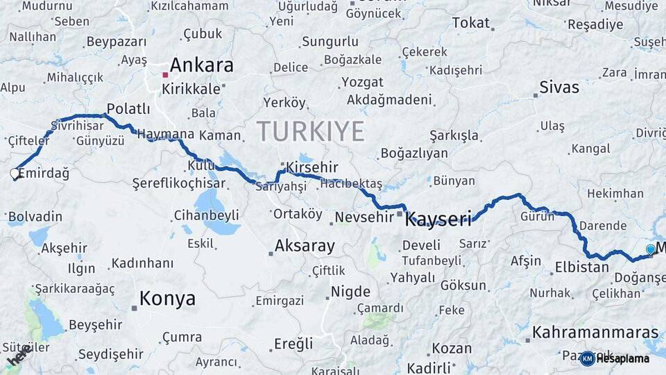 Malatya Emirdağ Afyonkarahisar Arası Kaç Km - Yol Haritası