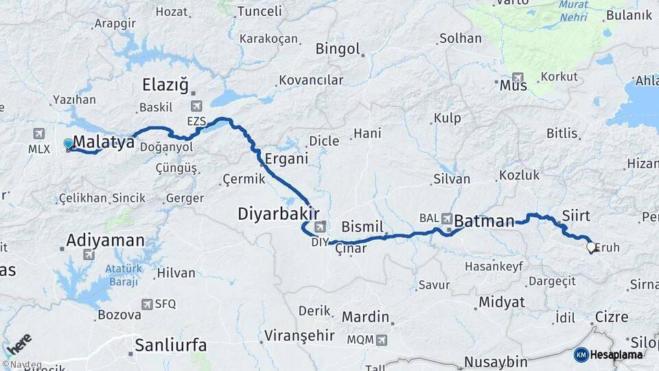 Malatya Eruh Siirt Arası Kaç Km - Yol Haritası