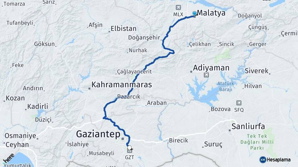Malatya Gaziantep Havalimanı Arası Kaç Km - Yol Haritası