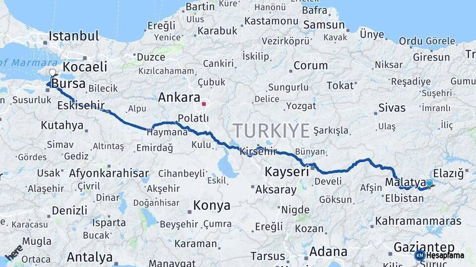 Malatya Gemlik Bursa Arası Kaç Km - Yol Haritası