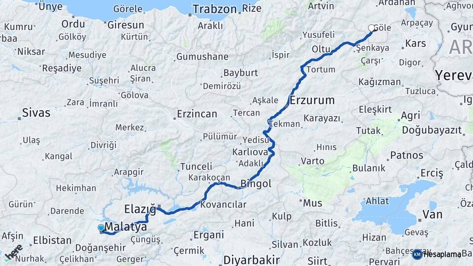 Malatya Göle Ardahan Arası Kaç Km - Yol Haritası
