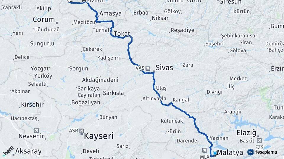 Malatya Gümüşhacıköy Amasya Arası Kaç Km - Yol Haritası