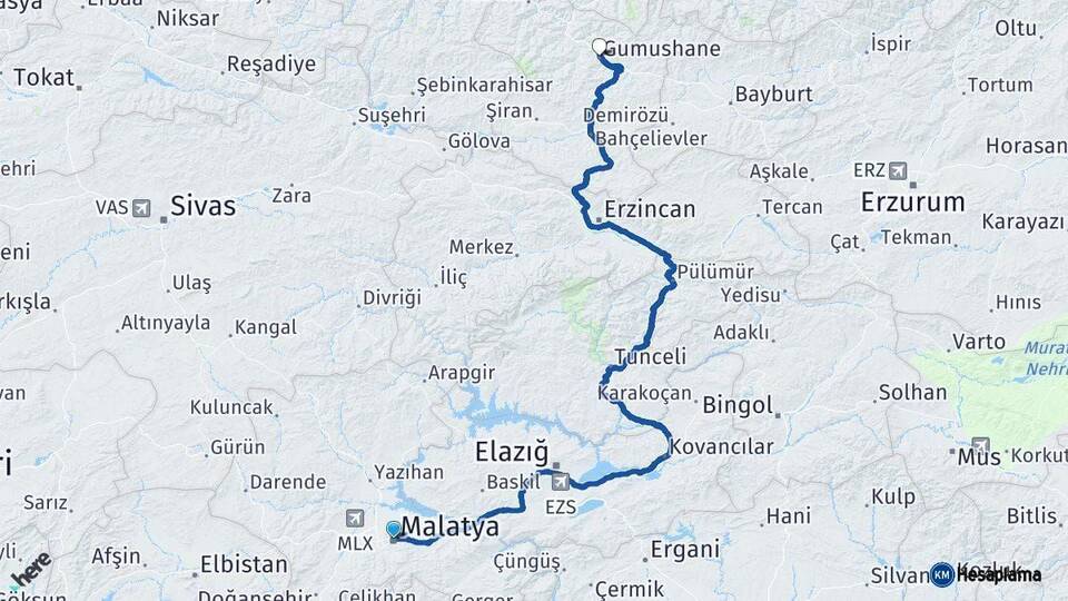 Malatya Gümüşhane Arası Kaç Km - Yol Haritası