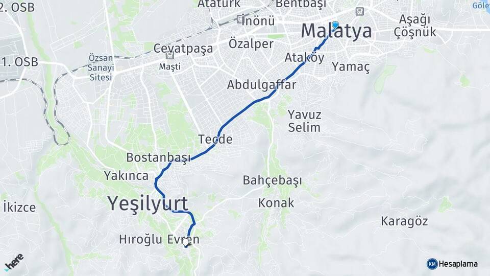 Malatya Gündüzbey Yeşilyurt Arası Kaç Km - Yol Haritası