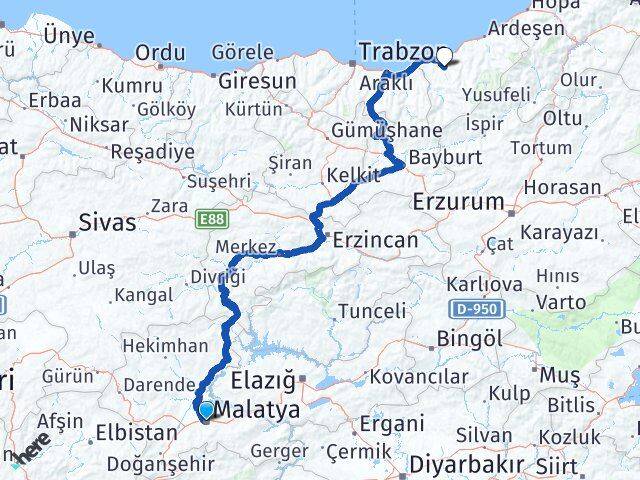 Malatya Güneysu Rize Arası Kaç Km - Yol Haritası