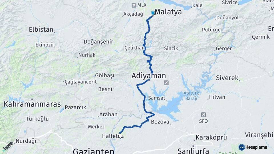 Malatya Halfeti Şanlıurfa Arası Kaç Km - Yol Haritası