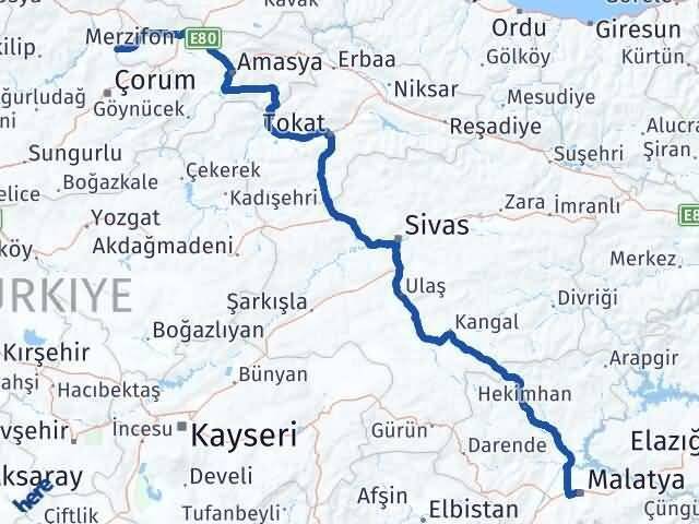 Malatya Hamamözü Amasya Arası Kaç Km - Yol Haritası