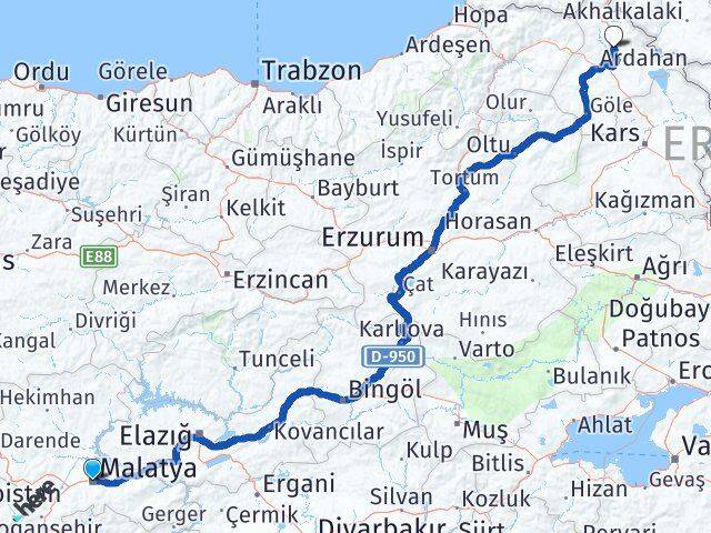 Malatya Hanak Ardahan Arası Kaç Km - Yol Haritası