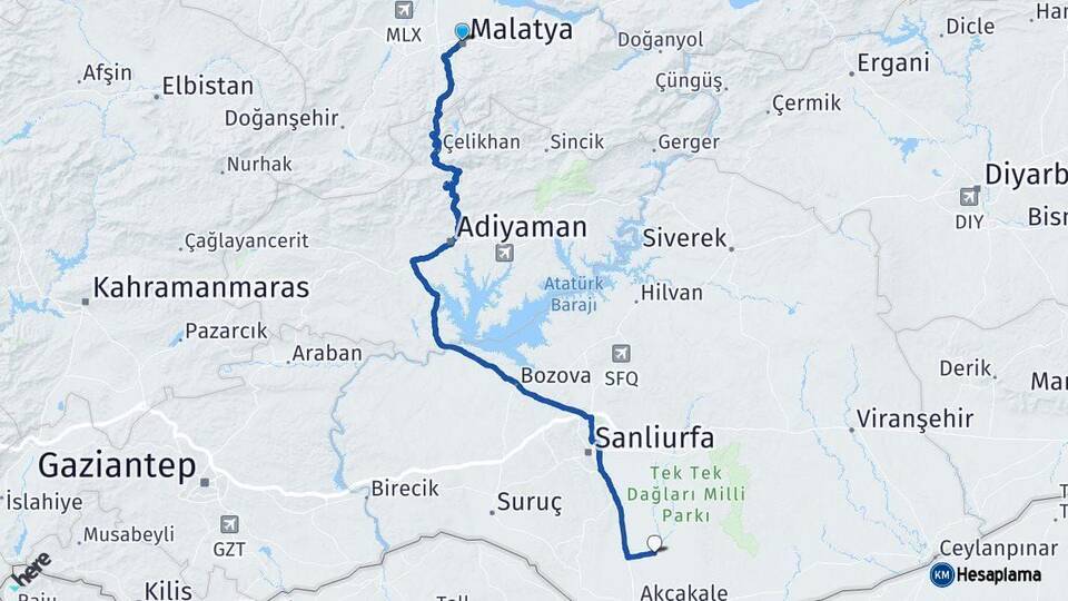 Malatya Harran Şanlıurfa Arası Kaç Km - Yol Haritası