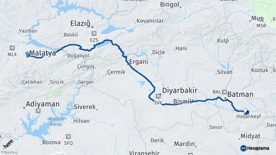 Malatya Hasankeyf Batman Arası Kaç Km - Yol Haritası