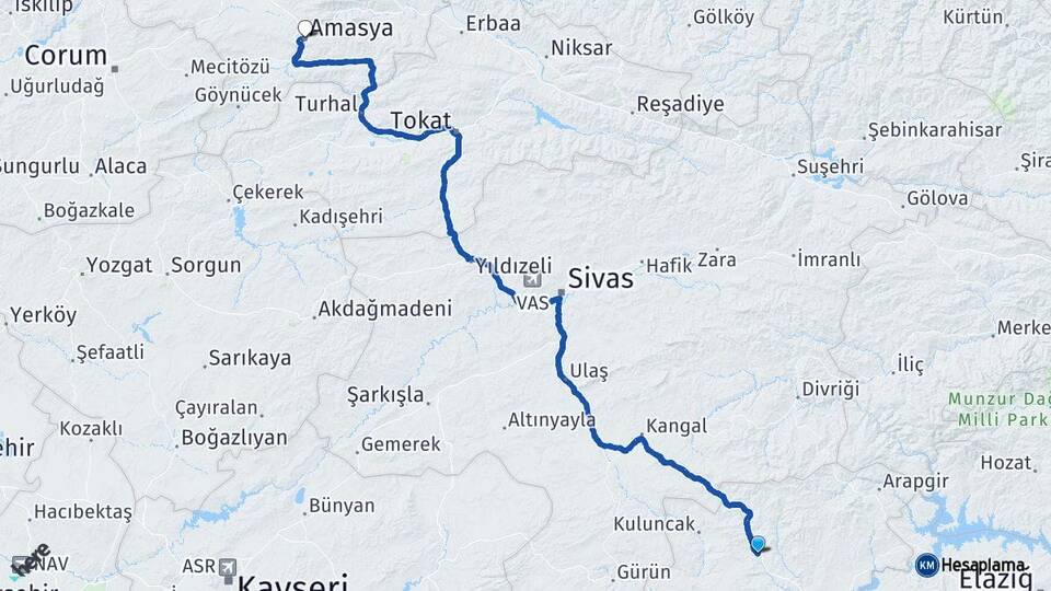 Malatya Hekimhan Amasya Arası Kaç Km - Yol Haritası
