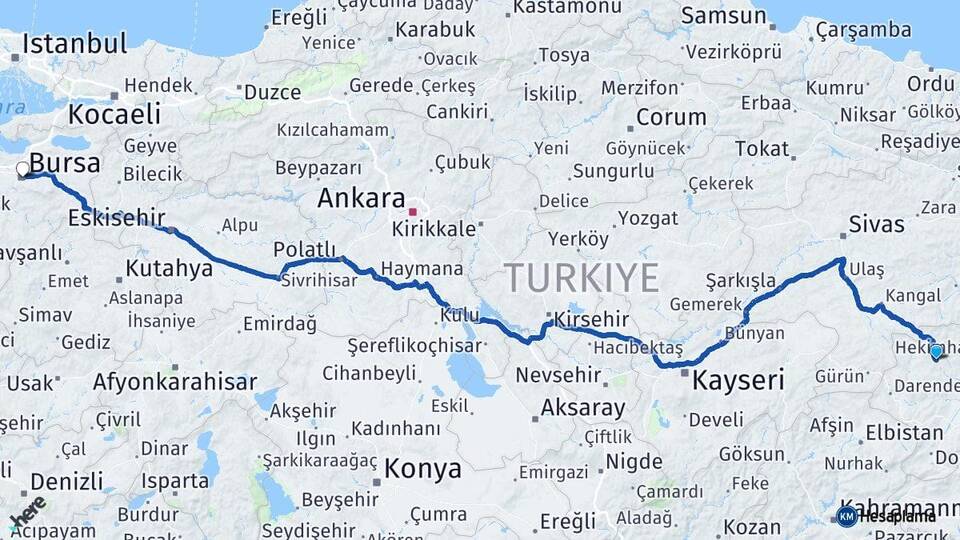 Malatya Hekimhan Bursa Arası Kaç Km - Yol Haritası
