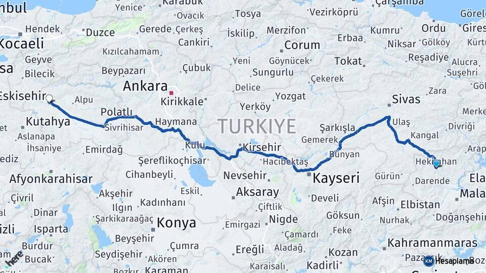 Malatya Hekimhan Eskişehir Arası Kaç Km - Yol Haritası