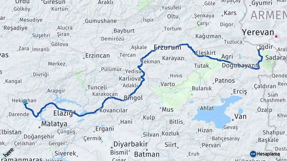 Malatya Hekimhan Iğdır Arası Kaç Km - Yol Haritası
