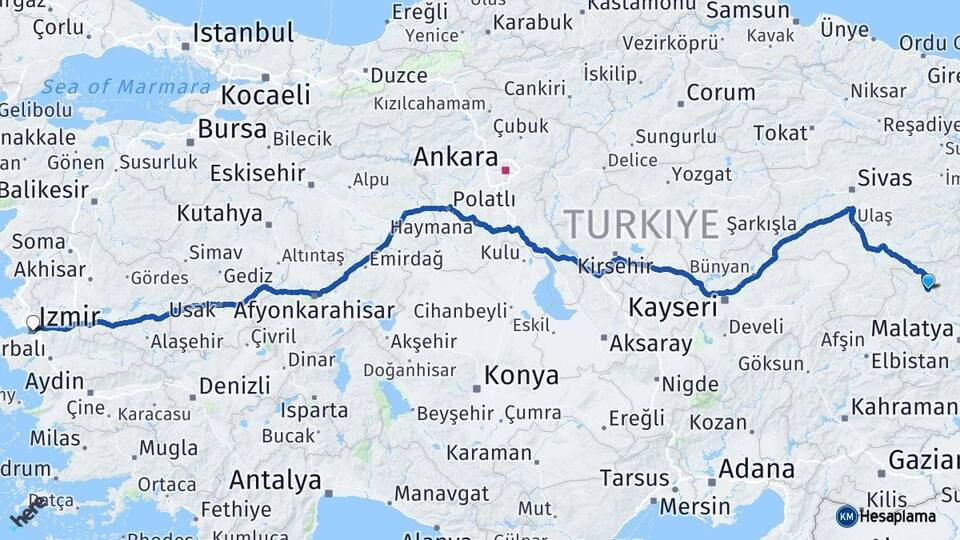 Malatya Hekimhan İzmir Arası Kaç Km - Yol Haritası