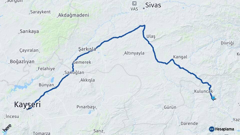 Malatya Hekimhan Kayseri Arası Kaç Km - Yol Haritası
