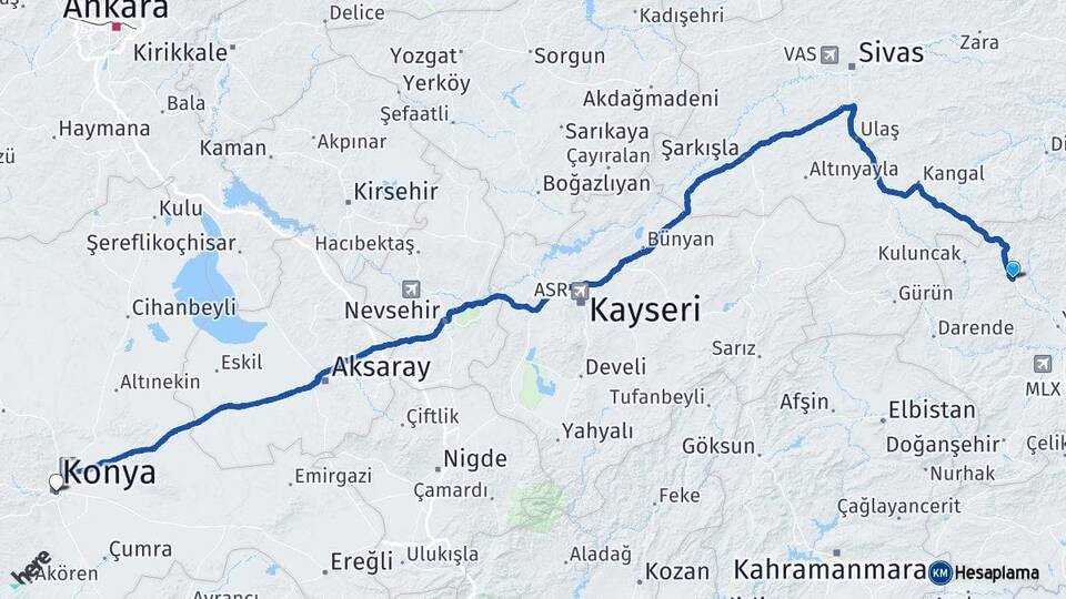 Malatya Hekimhan Konya Arası Kaç Km - Yol Haritası