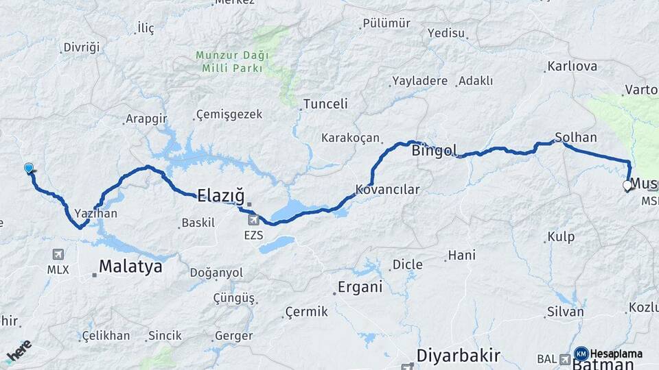 Malatya Hekimhan Muş Arası Kaç Km - Yol Haritası