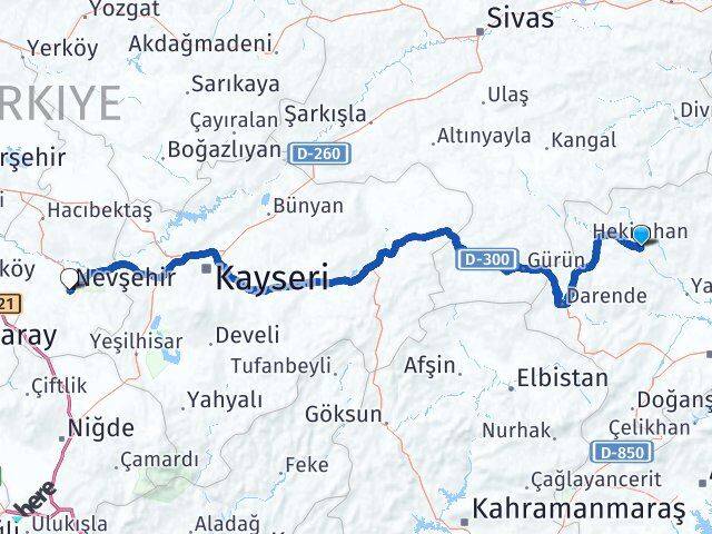 Malatya Hekimhan Nevşehir Arası Kaç Km - Yol Haritası