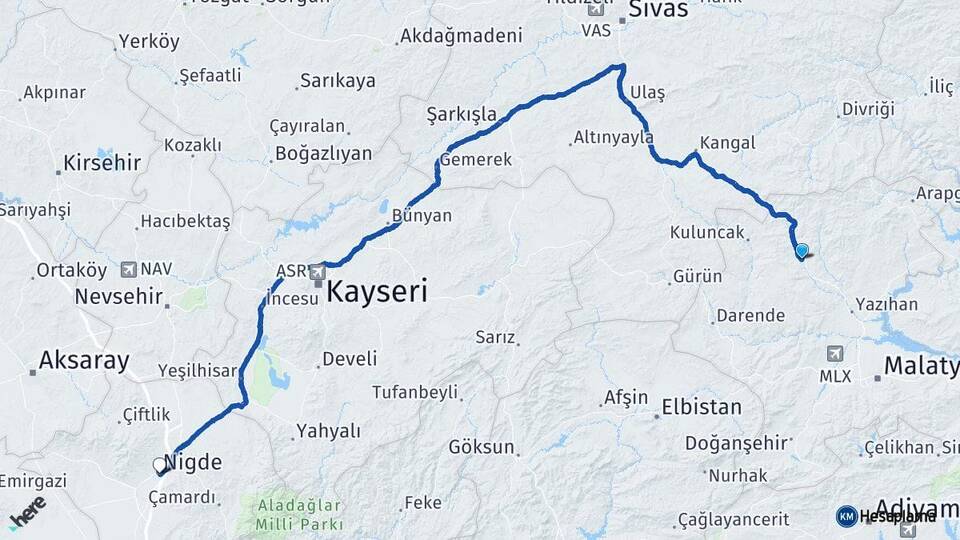 Malatya Hekimhan Niğde Arası Kaç Km - Yol Haritası
