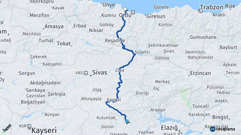Malatya Hekimhan Ordu Arası Kaç Km - Yol Haritası