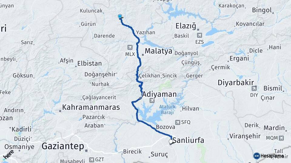 Malatya Hekimhan Şanlıurfa Arası Kaç Km - Yol Haritası