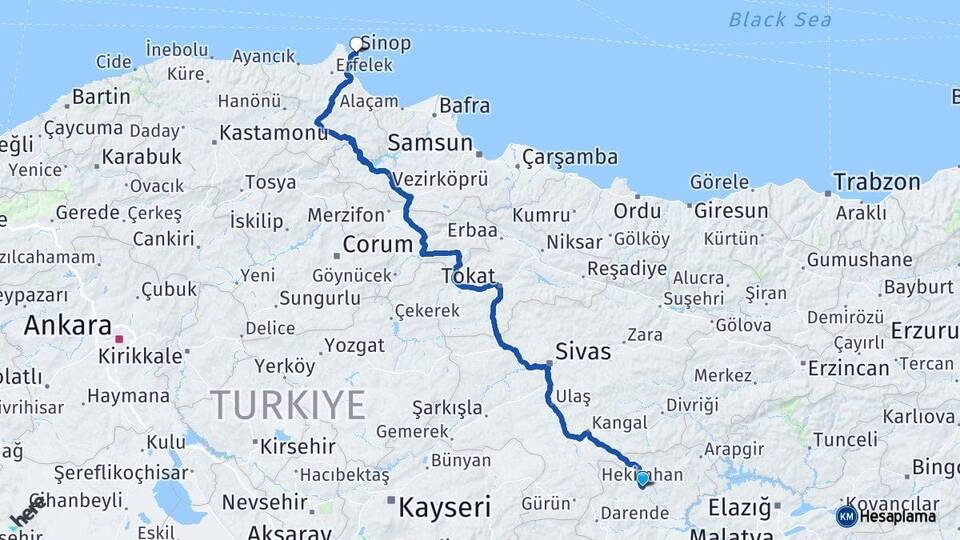 Malatya Hekimhan Sinop Arası Kaç Km - Yol Haritası