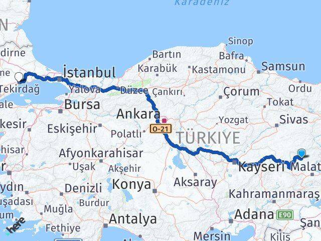 Malatya Hekimhan Tekirdağ Arası Kaç Km - Yol Haritası