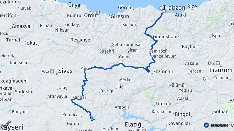 Malatya Hekimhan Trabzon Arası Kaç Km - Yol Haritası