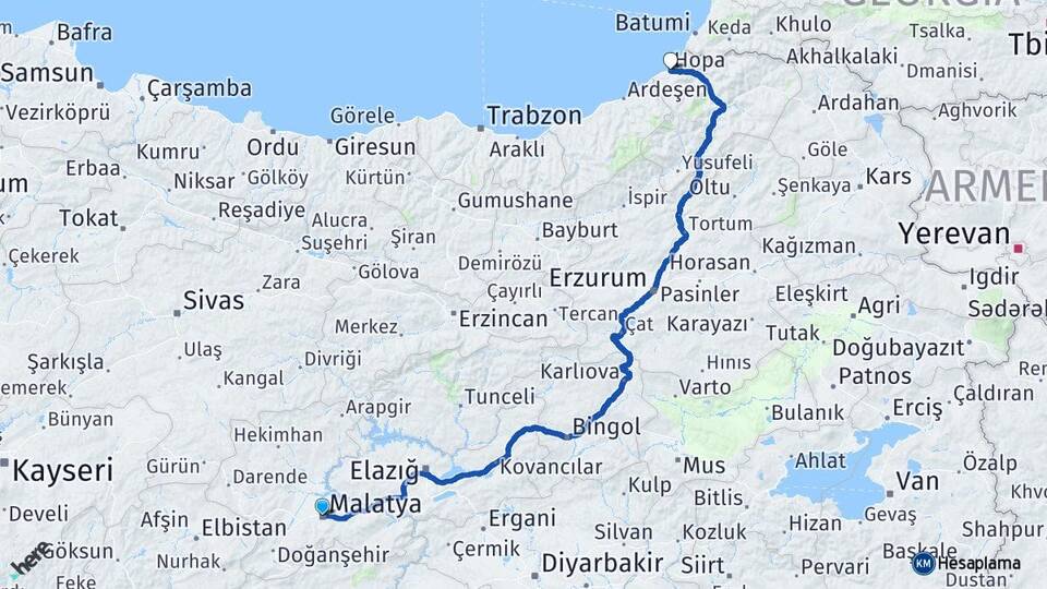 Malatya Hopa Artvin Arası Kaç Km - Yol Haritası