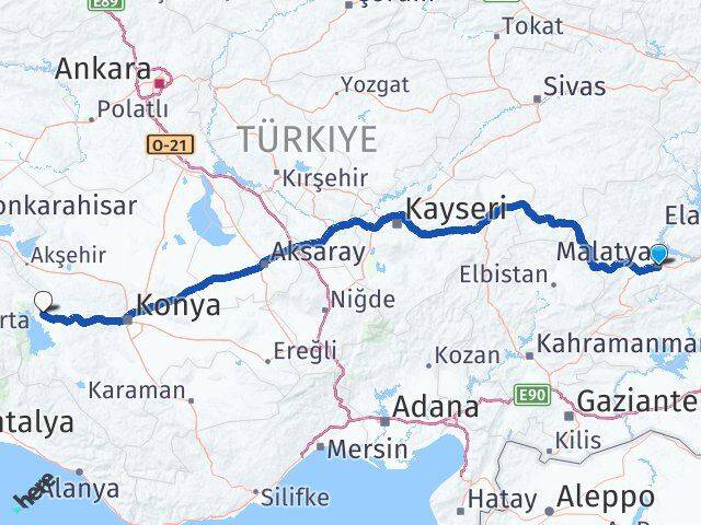 Malatya Hüyük Konya Arası Kaç Km - Yol Haritası