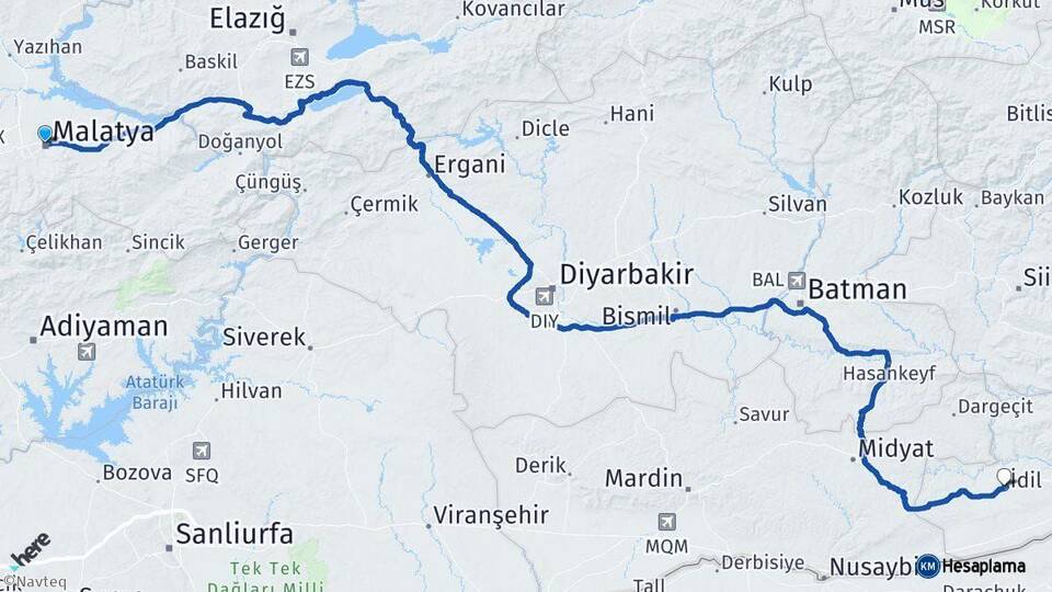 Malatya İdil Şırnak Arası Kaç Km - Yol Haritası