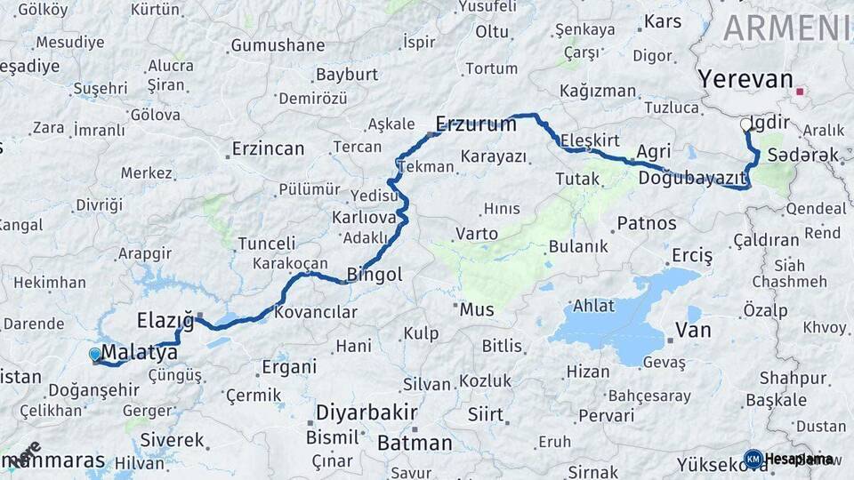 Malatya Iğdır Arası Kaç Km - Yol Haritası