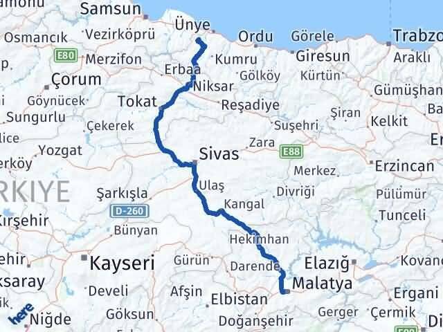Malatya İkizce Ordu Arası Kaç Km - Yol Haritası