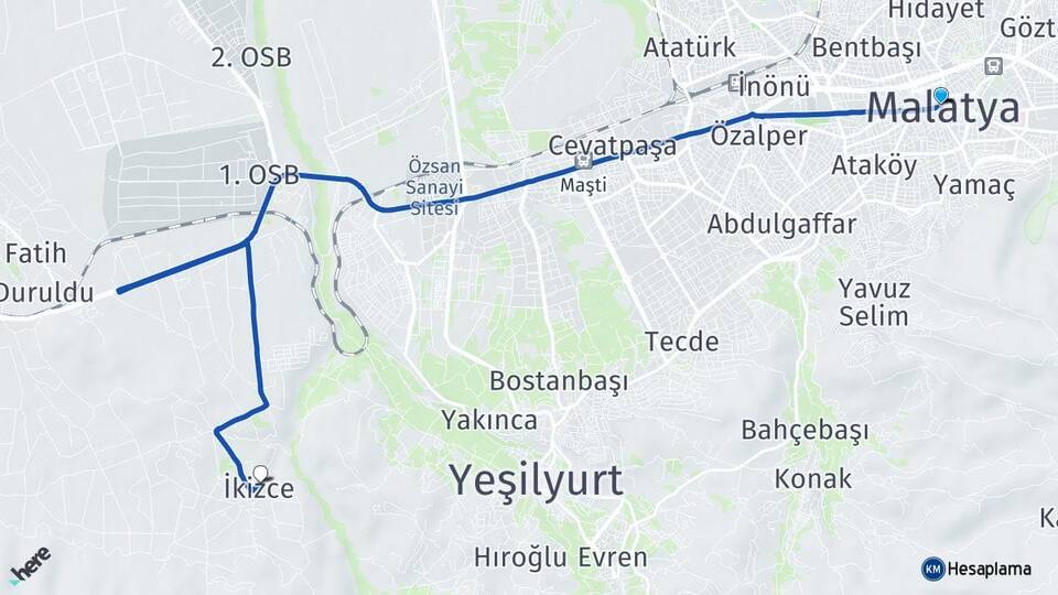 Malatya İkizce Yeşilyurt Arası Kaç Km - Yol Haritası