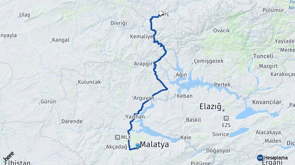 Malatya İliç Erzincan Arası Kaç Km - Yol Haritası