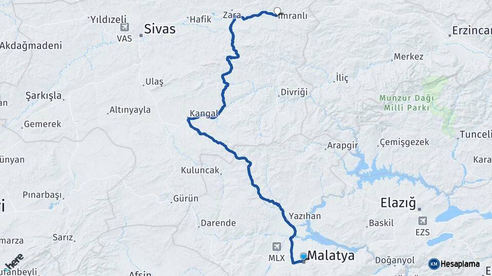 Malatya İmranlı Sivas Arası Kaç Km - Yol Haritası