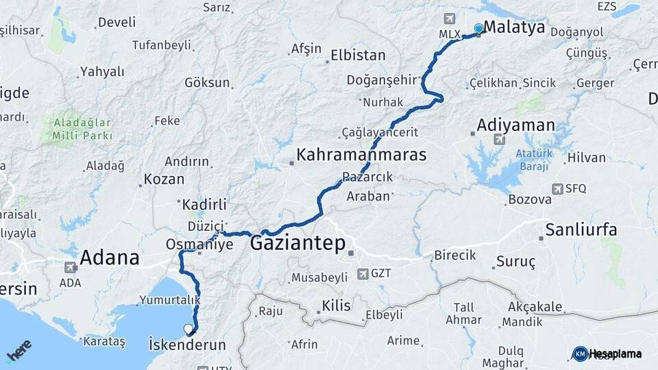 Malatya İskenderun Hatay Arası Kaç Km - Yol Haritası